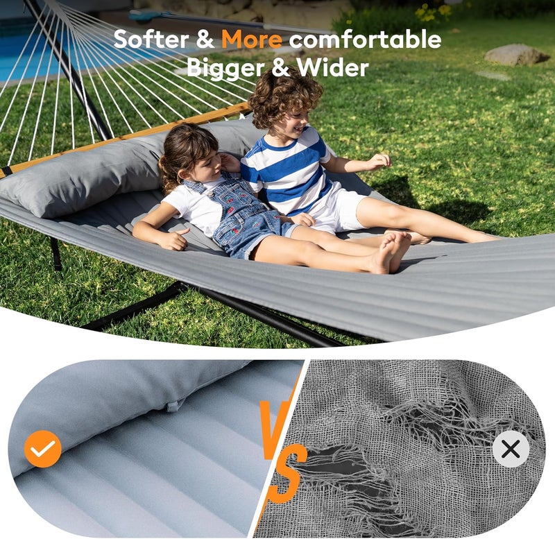 Everyfun Double Hammock with Spreader Bar,Soft Pillow,Max Load 500lbs,Portable Hammock for Outdoor,Camping,and Backyard,Dark Gray - Image 4